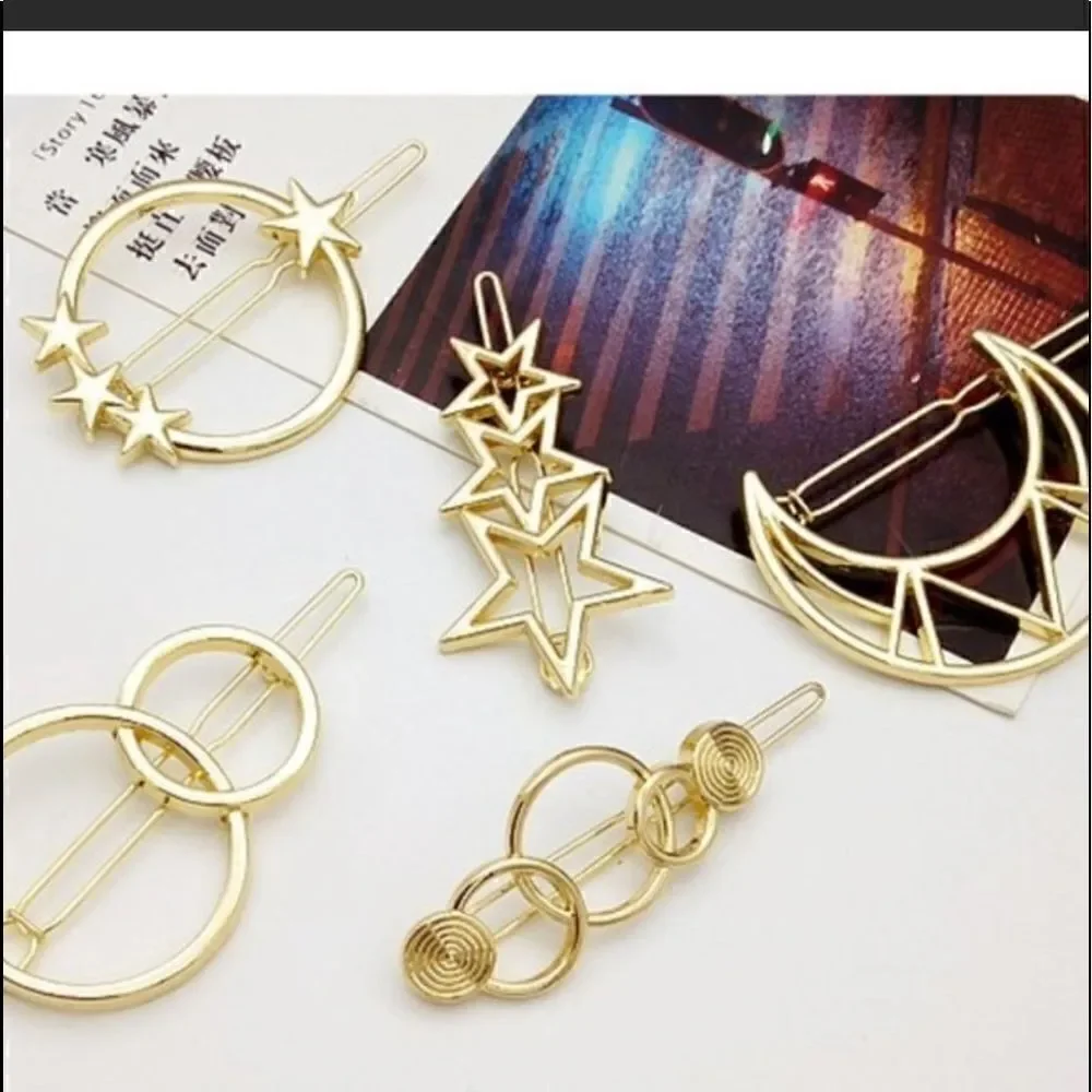 ⭐️ LOT Gold Hair Clips Barrettes Moon Stars Sun